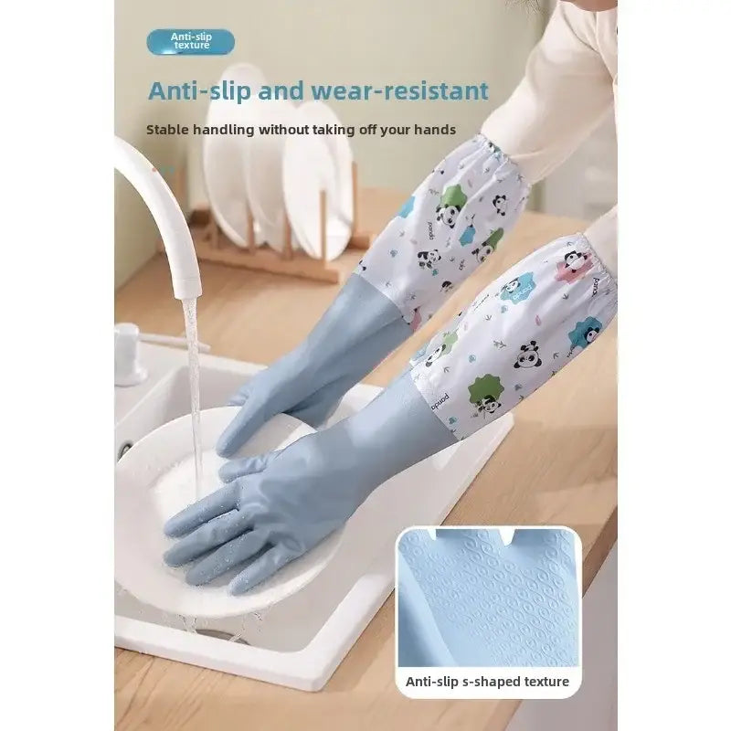 Light blue waterproof kitchen gloves made of anti-slip and wear-resistant rubber with a white patterned sleeve featuring cartoon pandas designed for cleaning.