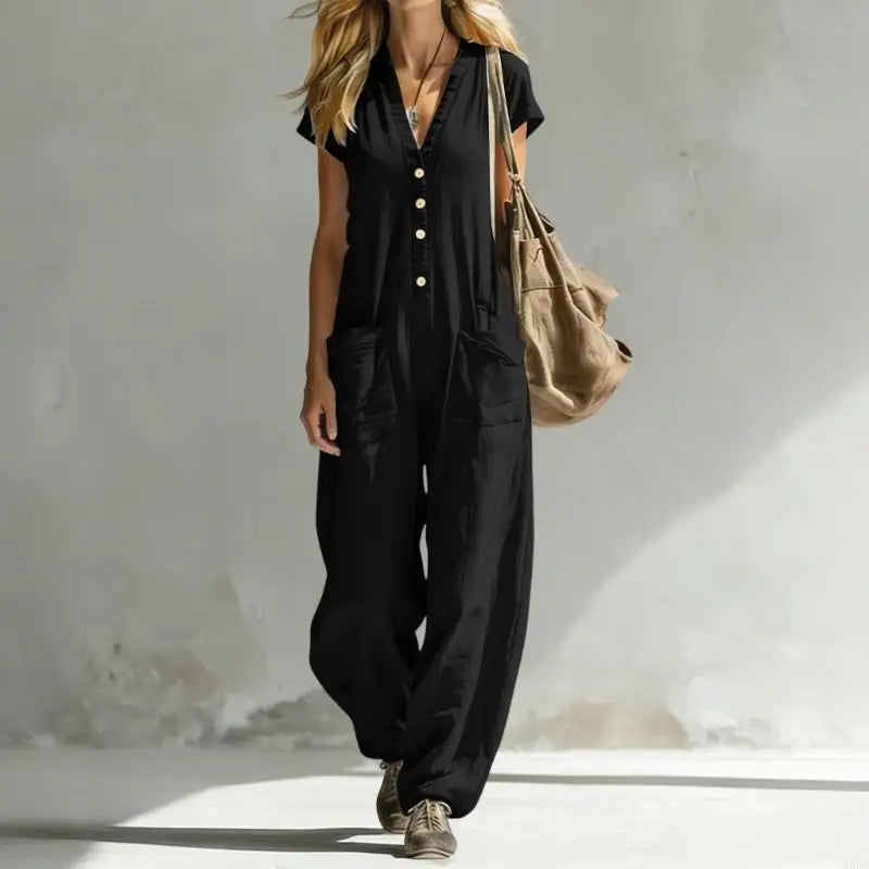Jumpsuits for Women Linen Button Short Sleeve Jumpsuits Wide Leg V Neck Rompers Vacation Clothes with Pockets 6XDA