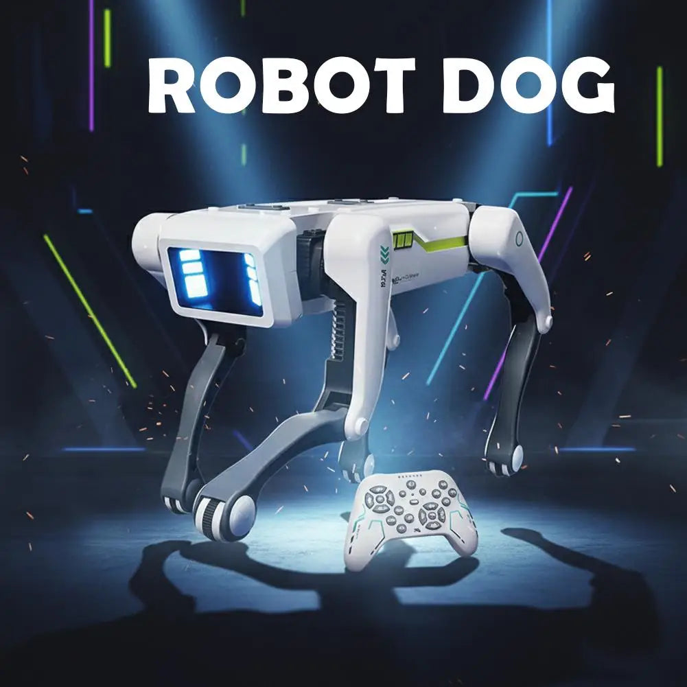 対話型の音声操作ロボット犬用スマート玩具として、発光する青色の目と洗練されたモダンなデザインを特徴とする白色と灰色のロボット犬。