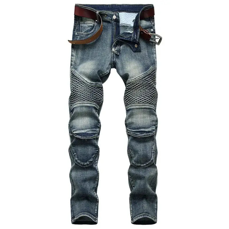 Men’s protective motorcycle denim jeans in blue with reinforced mesh panels on the thighs and knees and a brown leather belt loop.