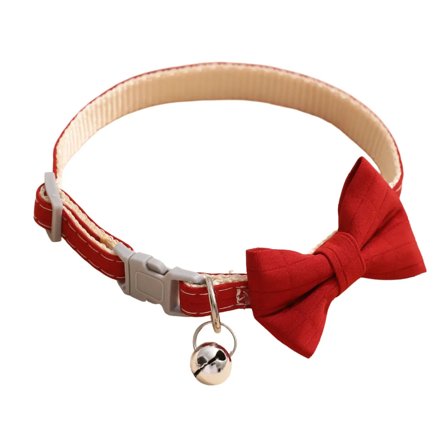 Rotes Stoff-Haustierhalsband 22–28 cm verstellbar, mit passender Fliege und silberner Glocke für Katzen