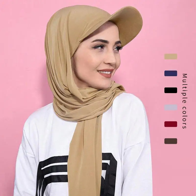 New Baseball Head Cap Hijab Solid Chiffon Shawl Cap Muslim Women Instant Scarf