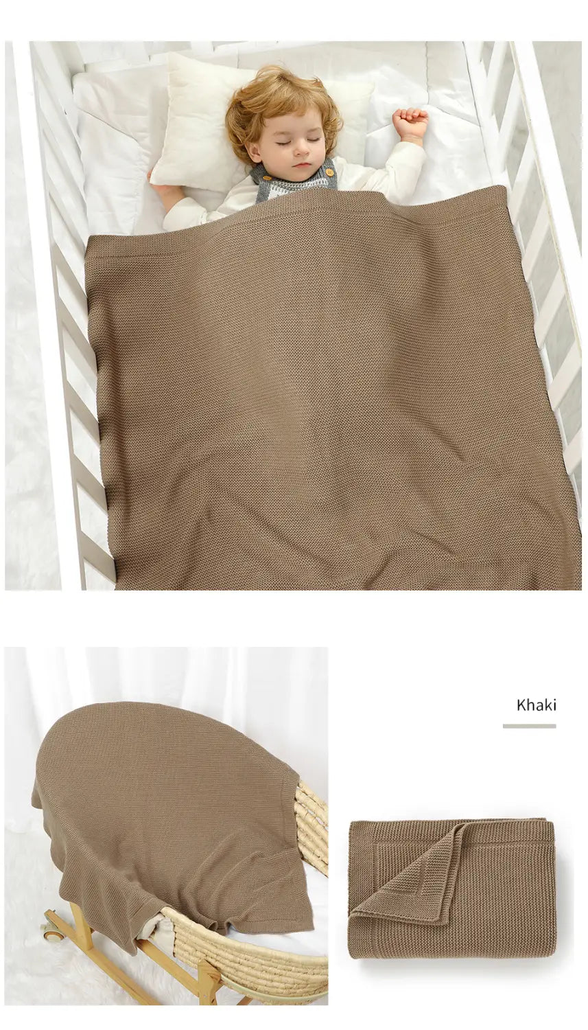 Khaki-farbene gestrickte Babydecke mit gewebter Struktur aus Baumwolle, verwendet als Wickelunterlage, ähnlich wie eine blassrosa gestrickte Babydecke-Wickelunterlage.