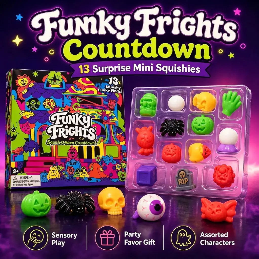 A colorful collection of 13 Halloween-themed mini squishies featuring skulls pumpkins spiders and eyes in vibrant green yellow red black purple and white in a Halloween squishy advent calendar 13 day countdown.