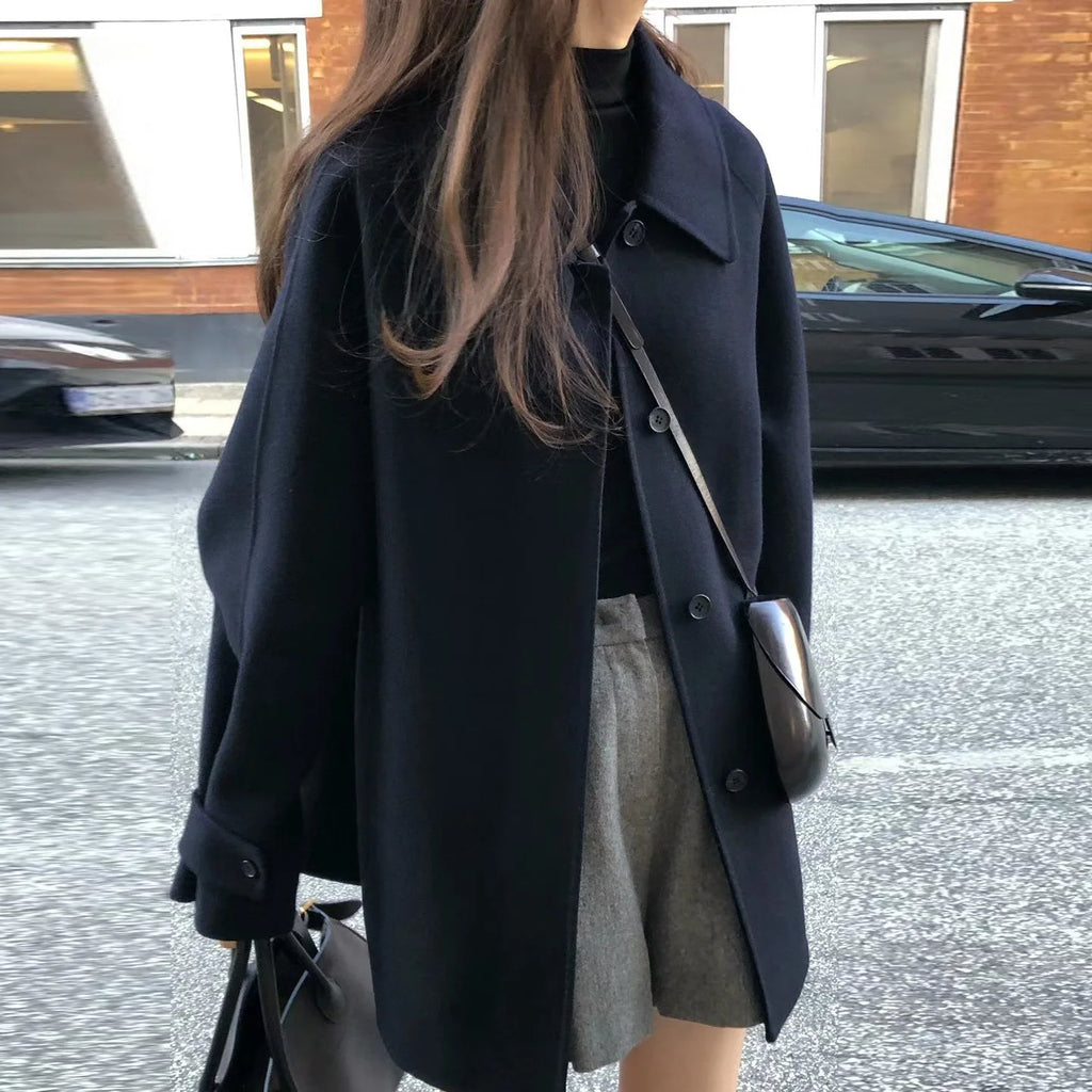 Women's Woolen Coat Elegant Lapel Mid-Length Solid Color  Double-Sided Fabric Lightweight Non Bulky Versatile Office Outerwear