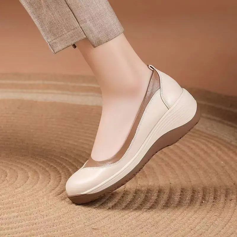 Women's Leather Wedges Casual Shoes Spring Autumn New Thick Sole Non Slip Shallow Slip On Round Toe Lightweight Work Shoes