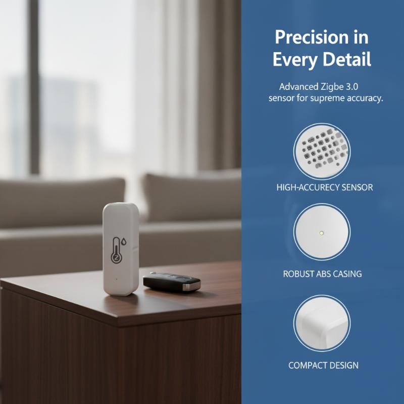 White rectangular humidity sensor smart wireless temperature monitor with temperature icon, advanced zigbee 3.0 chip, and robust abs casing for precise indoor climate monitoring.