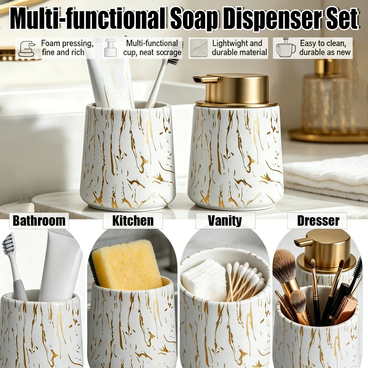 Bathroom Accessories Set - Foam Soap Dispenser with Gold Pump& Toothbrush Holder, Modern Vanity Organizer for Bathroom Kitchen