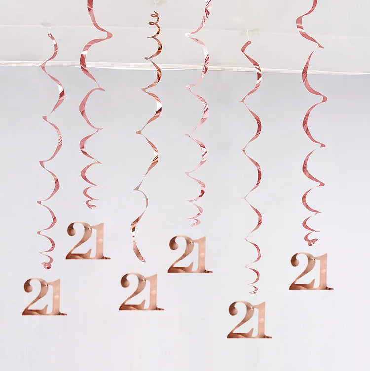6Pcs/lot Happy Birthday Swirls Decoration 16 20 21 30 40 50 60 70 Years Rose Gold PVC Birthday Party Decorations Supplies