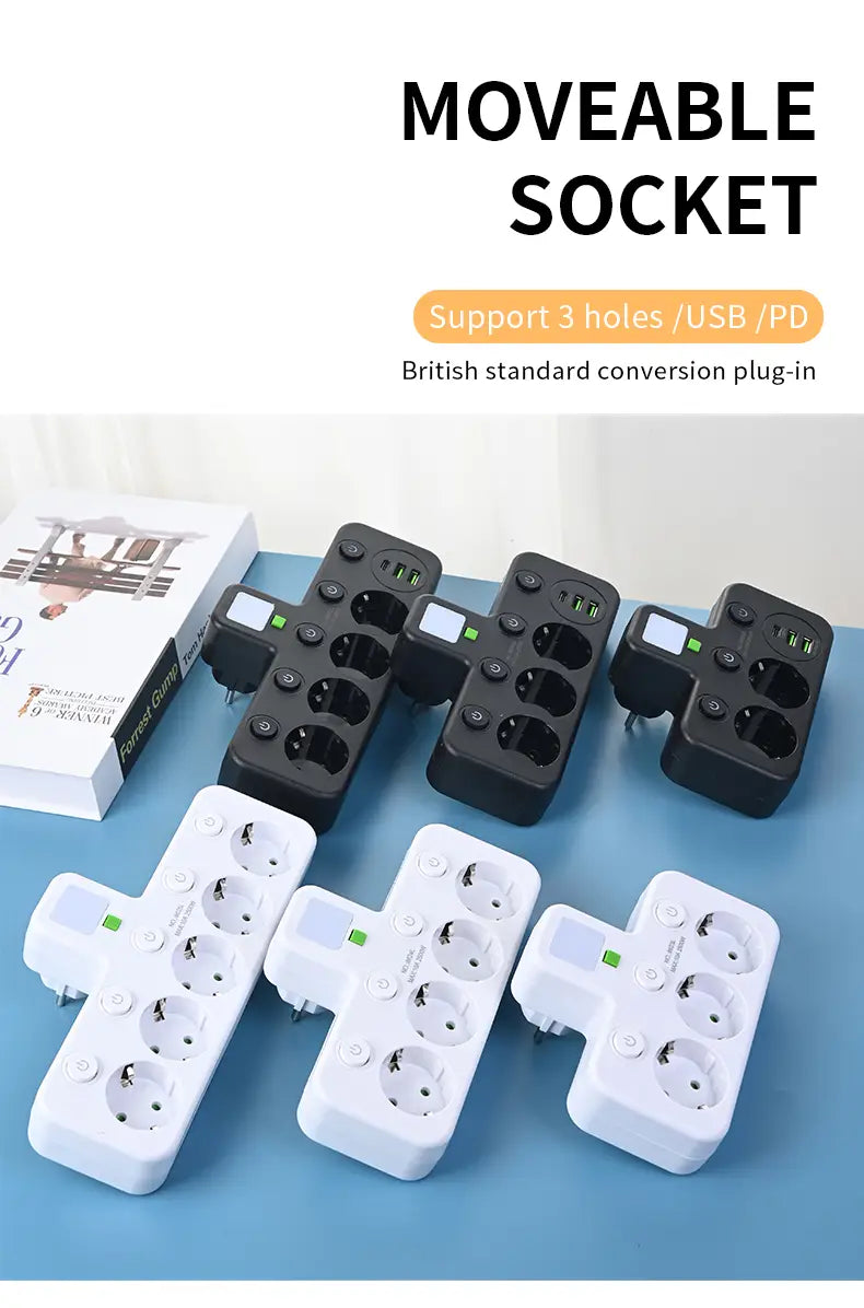 black and white wall charger socket with usb ports featuring multiple outlets and pd charging capabilities for versatile wireless wall charger use.