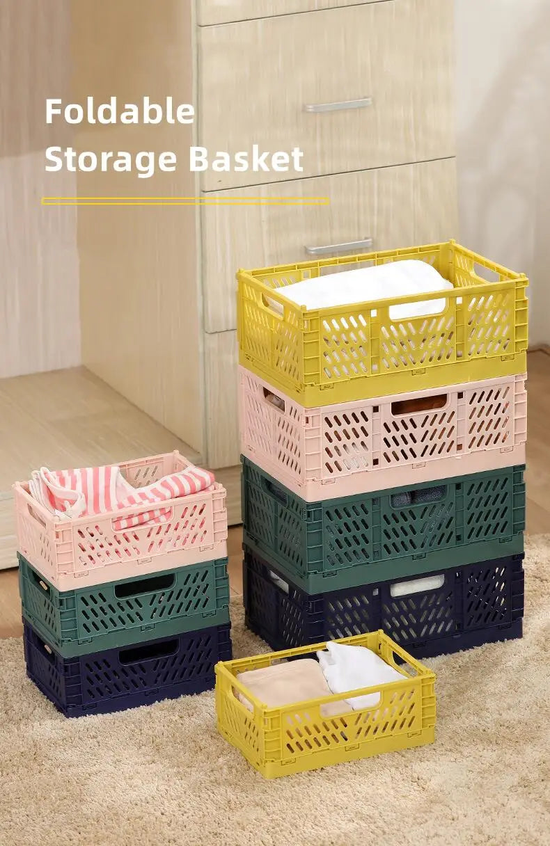 Stacked foldable storage baskets in vibrant yellow pink green and navy blue plastic with a lattice design ideal for foldable storage and organization.