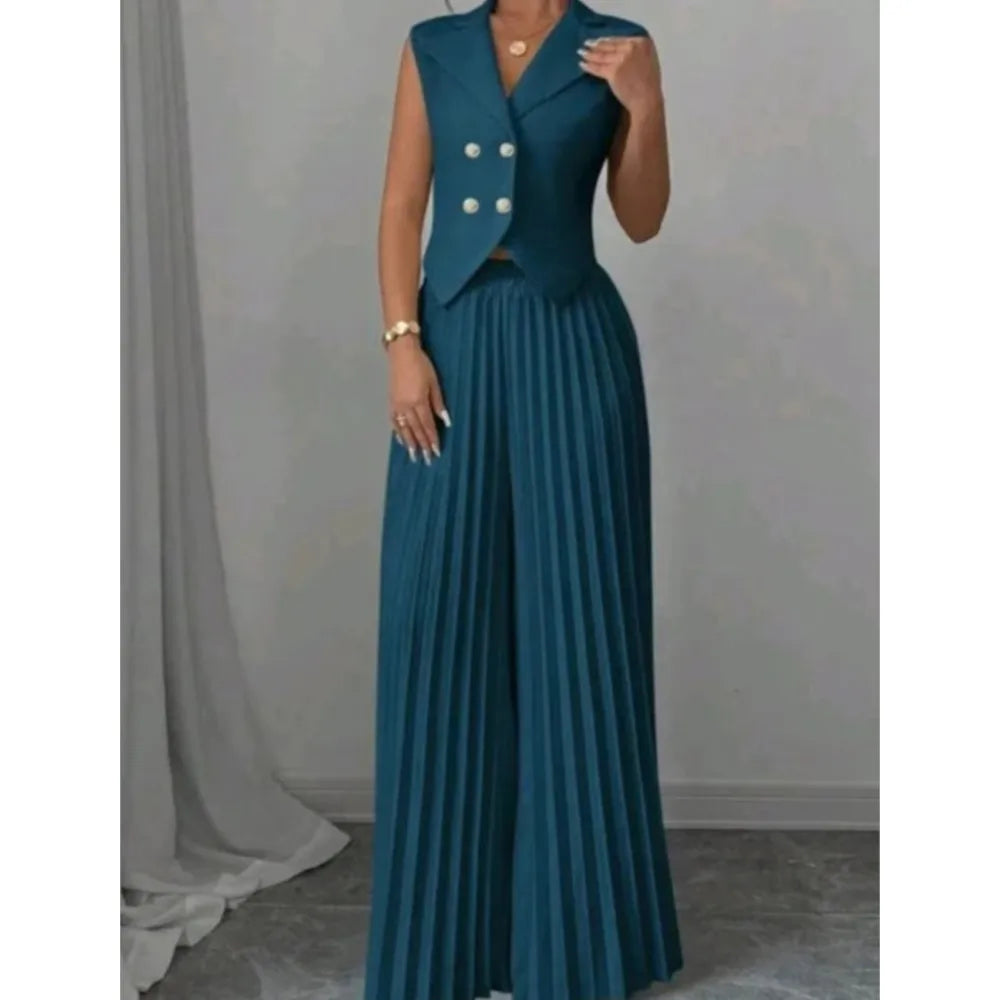 Elegant Formal Women Vest Trousers 2 Pieces Spring New Fashion Retro Wide-leg Pleated Pants Slimming Sleeveless Vest Female Set