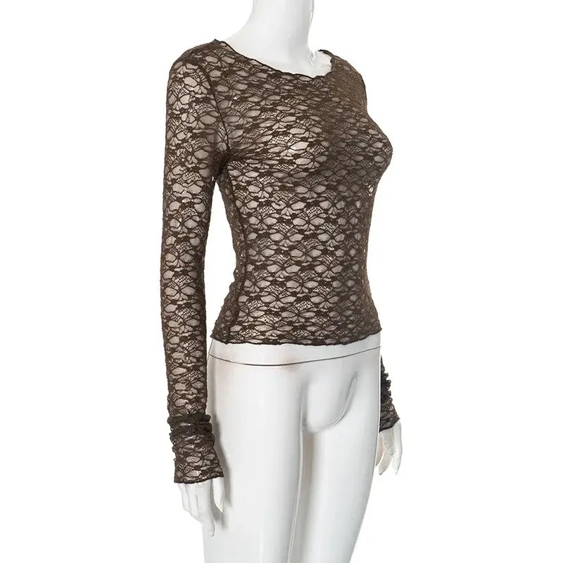 A brown lace long sleeve crop top for women aesthetic clothes featuring a fitted sheer design with ruched cuffs.
