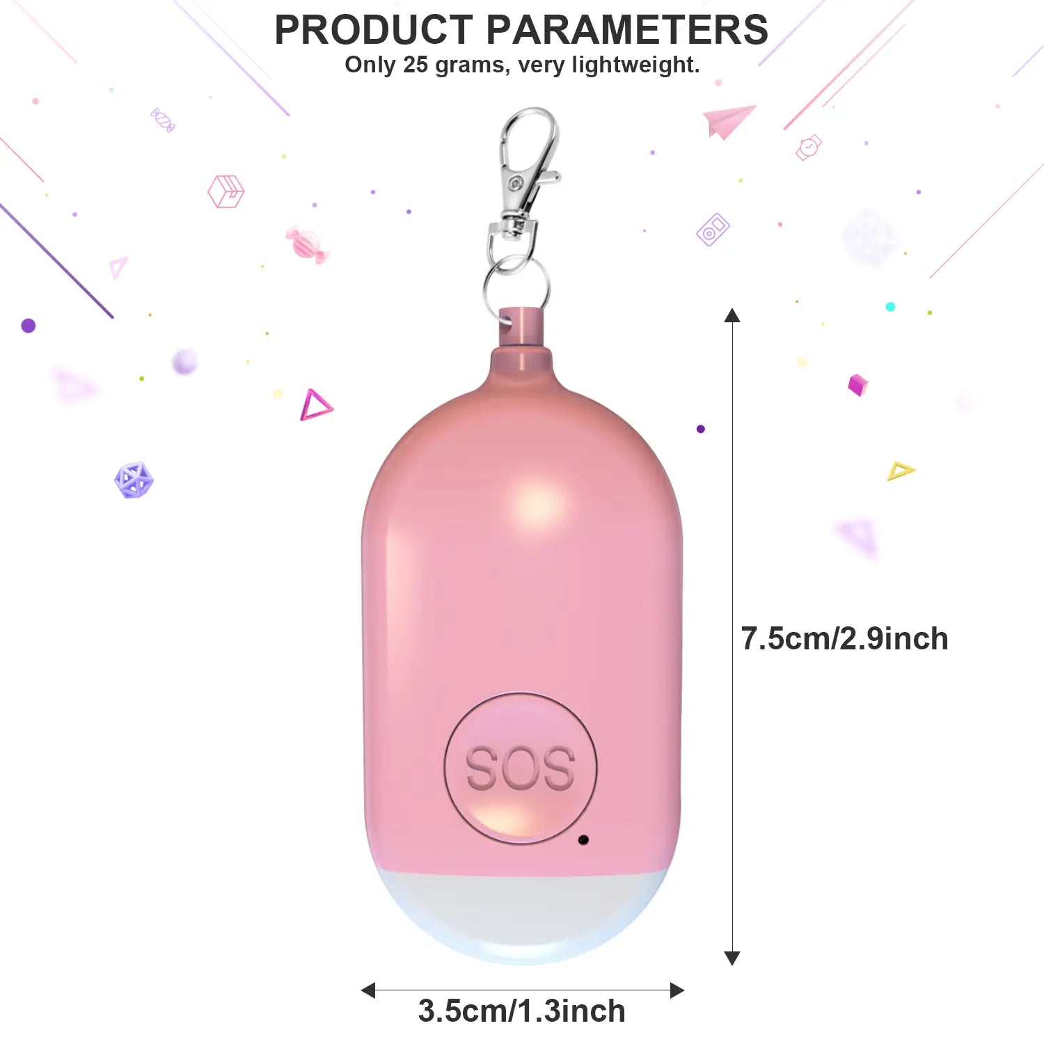 Pink oval-shaped sos rechargeable personal alarm keychain with a silver keychain attachment and a translucent white base emitting 130db sound for emergencies.