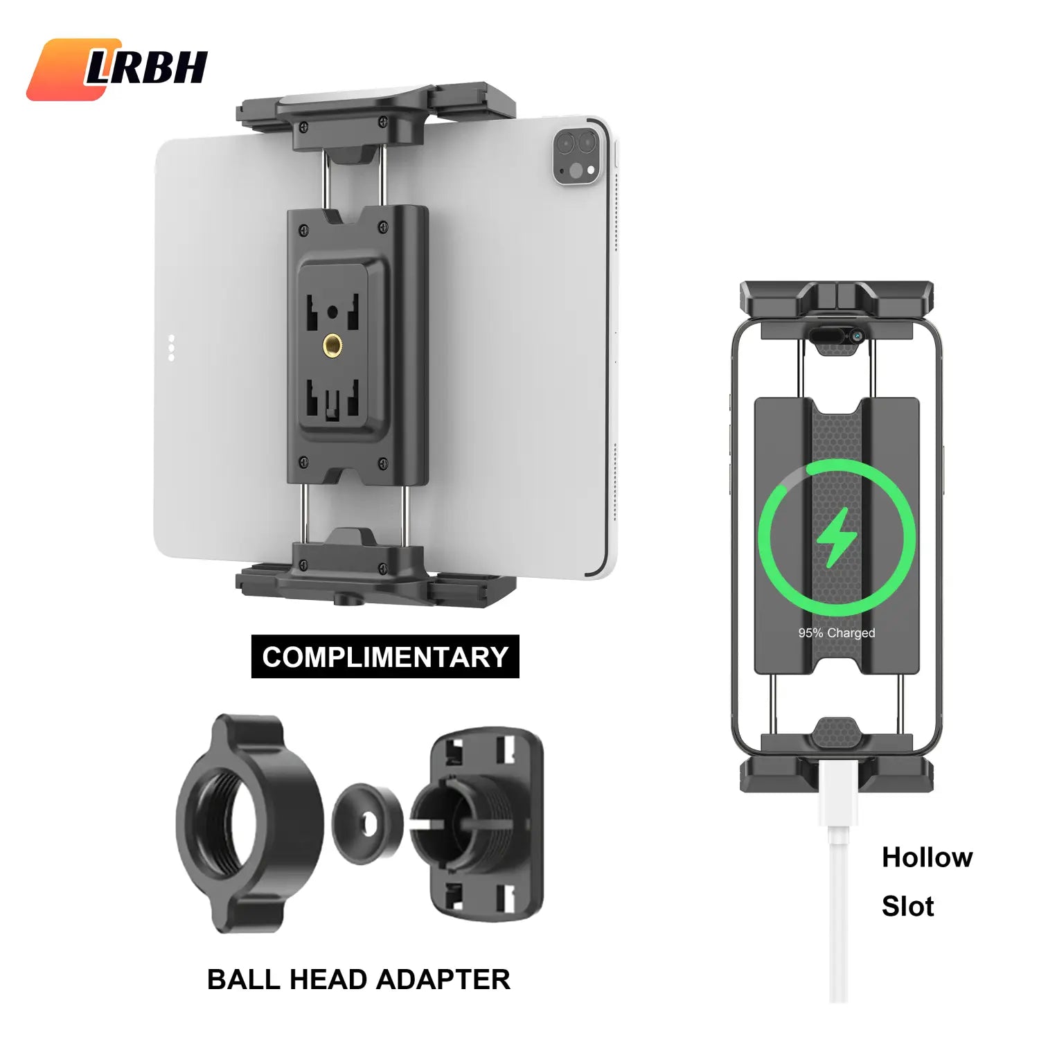 Black tablet holder tripod featuring adjustable length, integrated charging port, and adjustable clamp design for universal mounting.