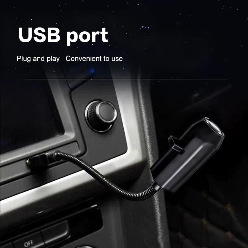 chargeur de voiture USB flexible noir avec câble en spirale et pince pour une fixation facile aux tableaux de bord du véhicule, conçu pour alimenter des dispositifs de veilleuse à lampe de projection