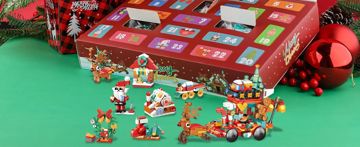 Ein rotes Weihnachtsüberraschungs-Adventskalender-Bausteinset mit festlichen Fächern und Miniatur-Spielzeugfiguren, die in der Vorderansicht angeordnet sind