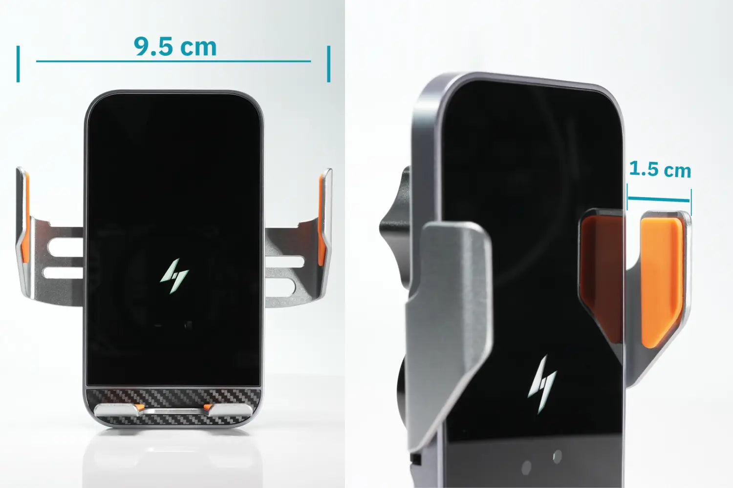 Silver and orange wireless charger phone holder with auto clamping and carbon fiber accents for wireless charging