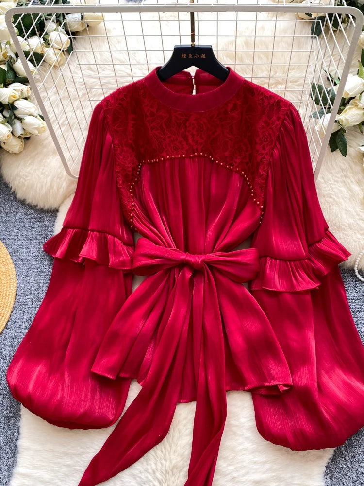 Blouses Women Shirt Vintage Puff Sleeve Tops Round Neck Casual Loose Y2k Streetwear Elegant Splice Shirts 2026 Autumn Winter