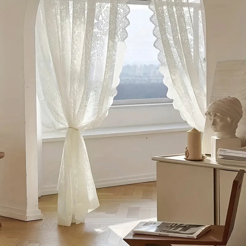 European-Style Lace Curtains, White Warp-Knitted Window Screens, Fresh Pastoral Door Curtains for Living Room, Bedroom, and Bay Windows, Ready-Made