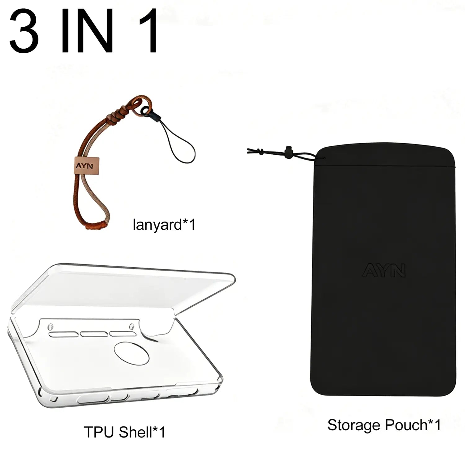Clear TPU shell phone case with integrated stand and button and port cutouts shown from the back side in the Ayn Thor 4-in-1 accessories combo kit.