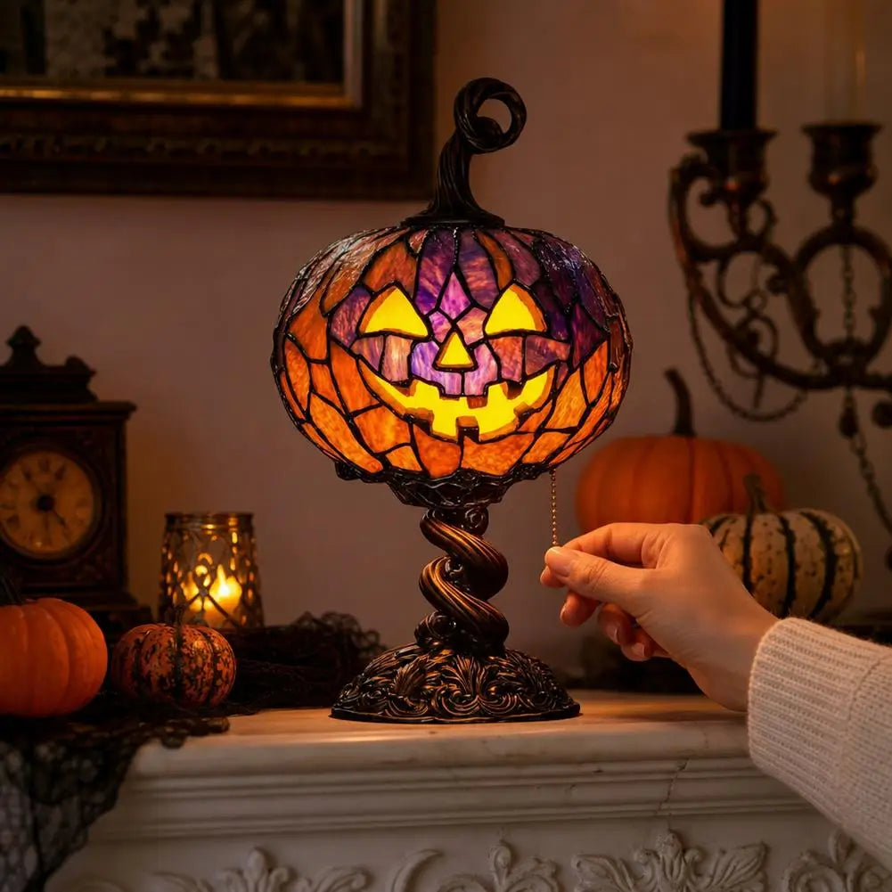 Halloween Night Light Shining Ghost Bat Pumpkin Desk Lamp Resin Craftsmanship Creativity Retro Stained Glass Decorative Lamp