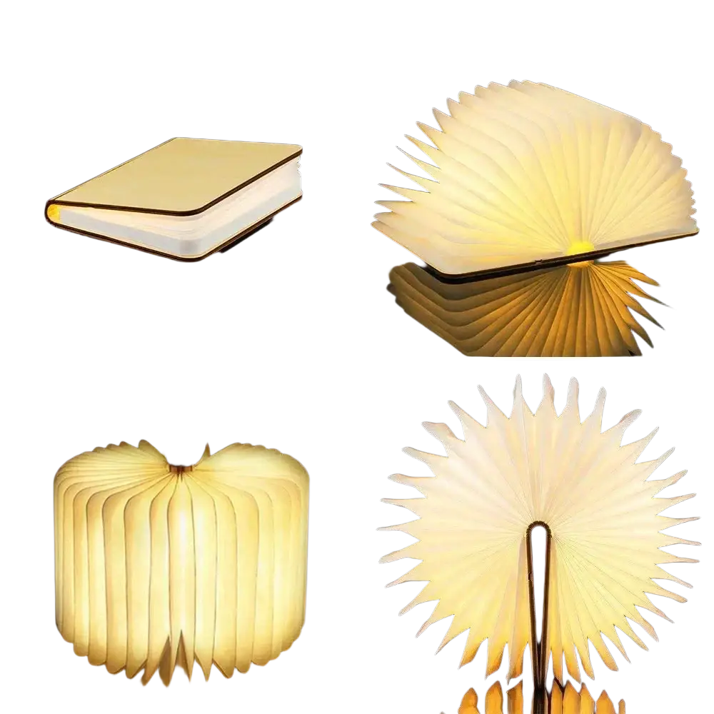 A warm softly glowing foldable led book night light with sleek white and black design unfolded into elegant shapes