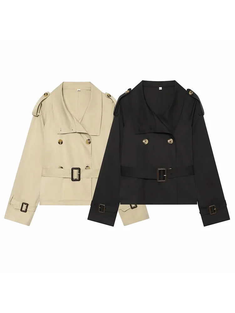 Women Fall Street Fashion Trench Coat Elegant Women Turtleneck Double Breasted Solid Long Sleeve Belted Jacket Casual Lady Coats