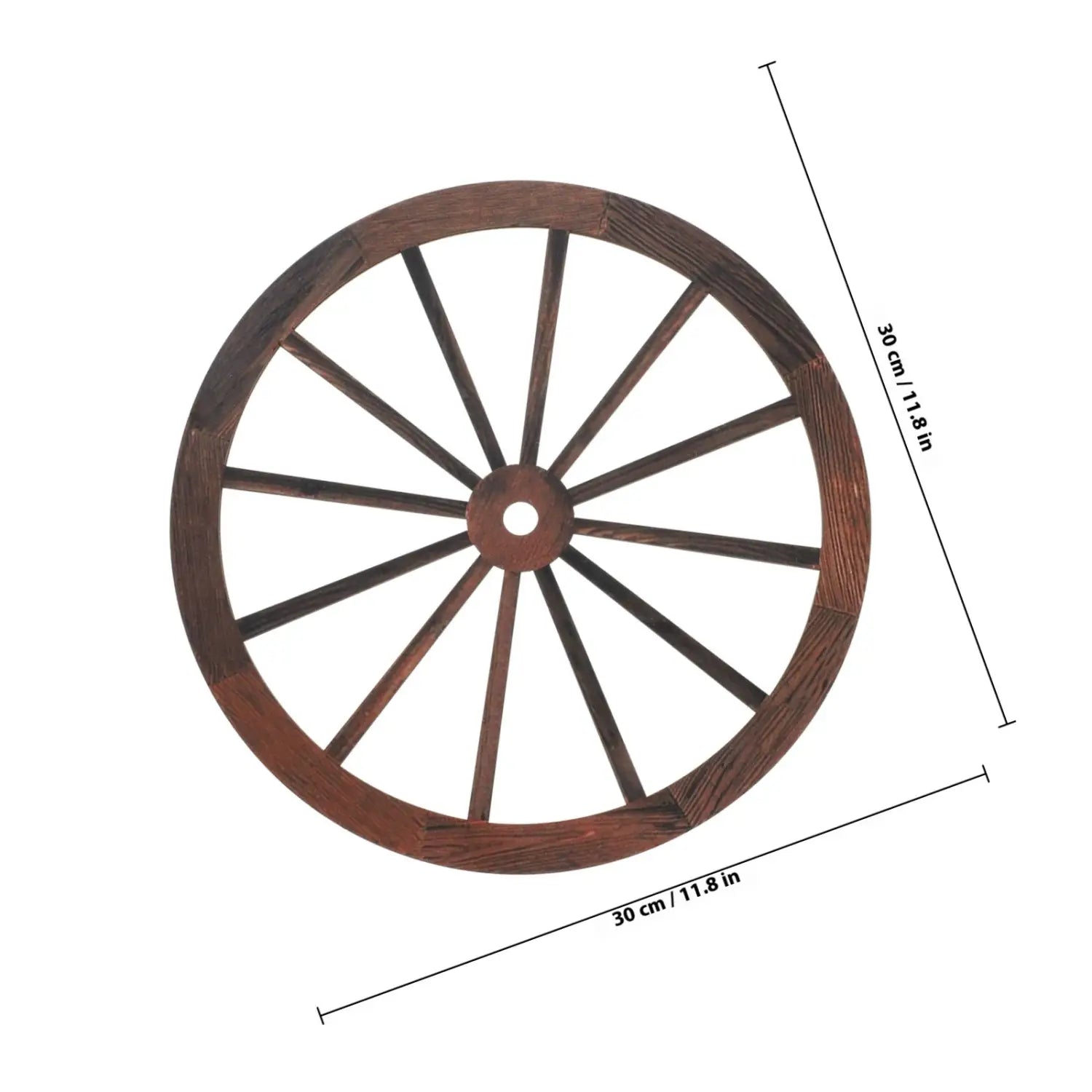 Rustikale Wanddekoration aus einem hölzernen Wagenrad mit einer dunkelbraunen, handgefertigten Gestaltung und gleichmäßig angeordneten Speichen.