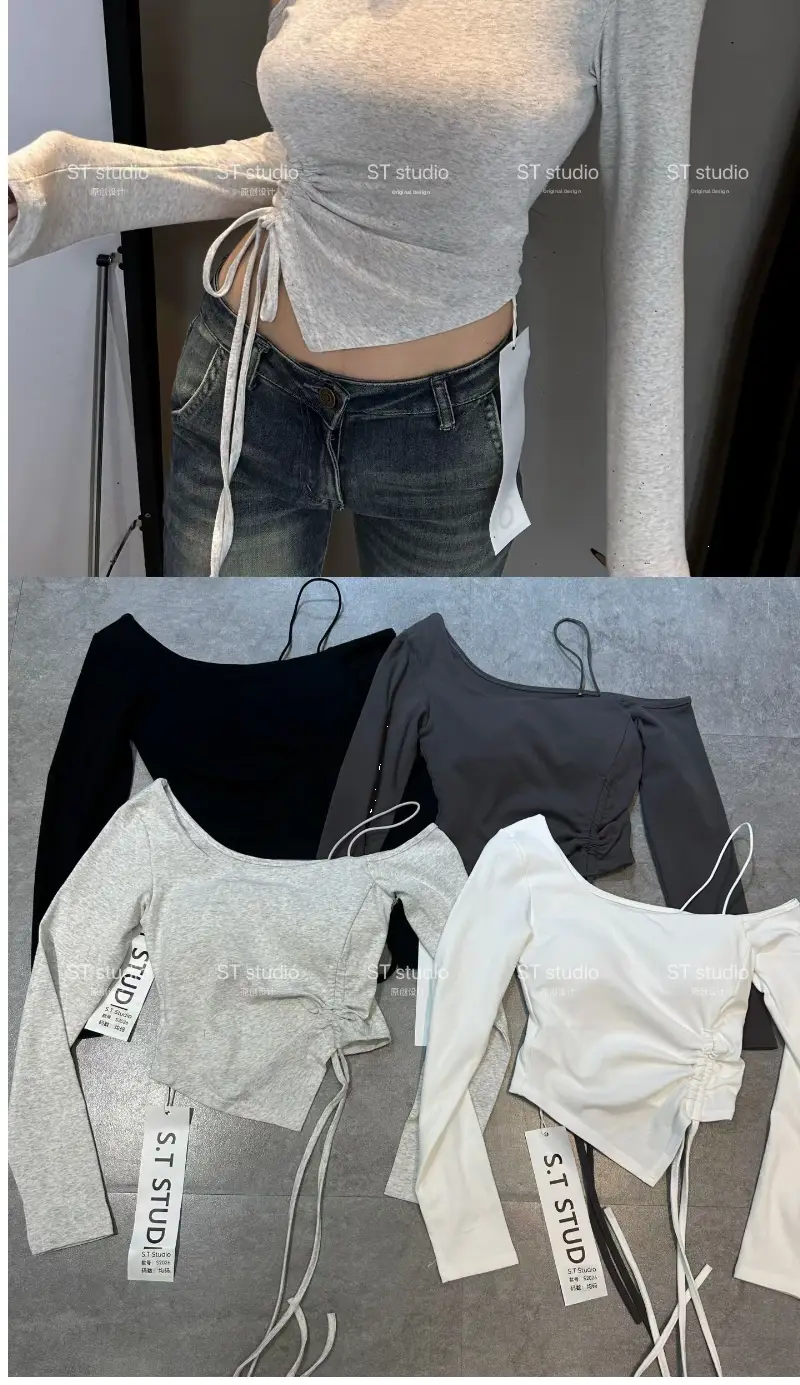 Gray long sleeve crop top with ruched side tie and thin shoulder straps featuring a slimming effect perfect for daily wear