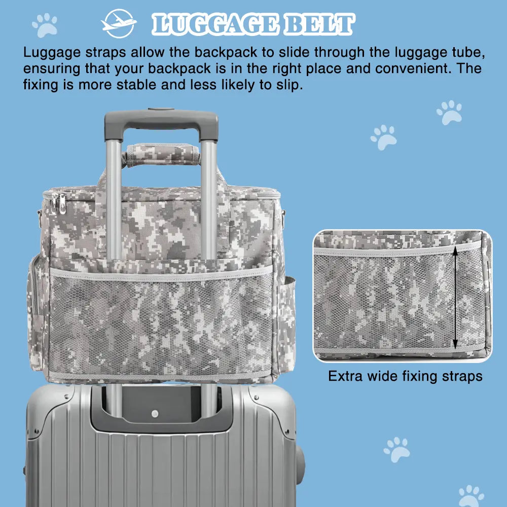 Sac de voyage pour chien au motif camouflage numérique gris doté d’une fermeture éclair, avec des sangles de ceinture pour bagages réglables et des poches latérales en mesh.