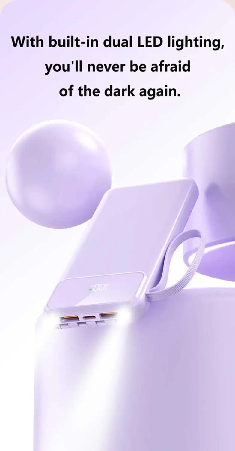 Un elegante banco de energía portátil color lavanda con capacidad de 50000 mAh, con doble iluminación LED, correa de transporte integrada y capacidades de carga rápida.