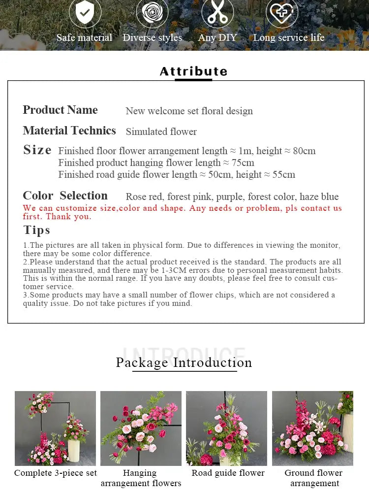 A floral arrangement set of artificial flowers featuring rose red, forest pink, purple, and hazel blue simulated blooms in a complete three-piece design for a wedding arch floral backdrop.