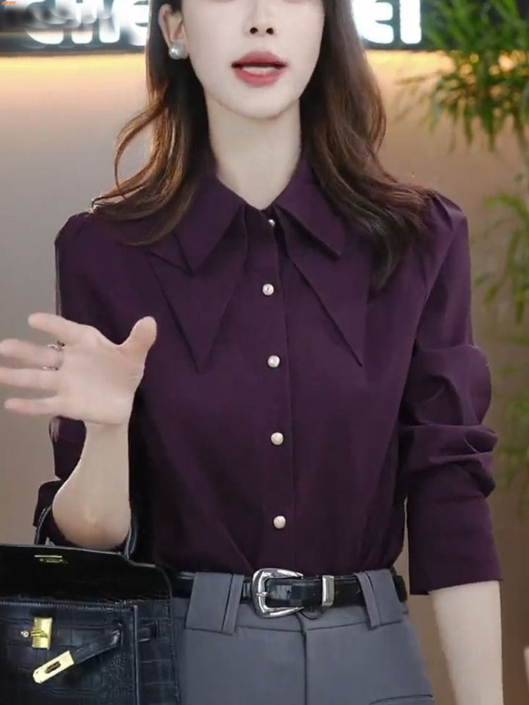 purple satin blouse long sleeve button top modname=ckeditor featuring a collar and pearl buttons made from smooth satin fabric