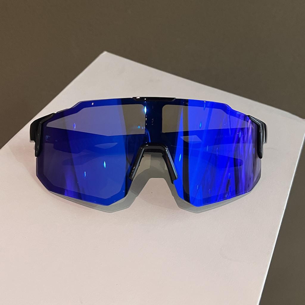 Gafas de sol tipo círculo con espejo azul, con montura negra elegante, diseñadas para deportes al aire libre y equipadas con protección UV400.