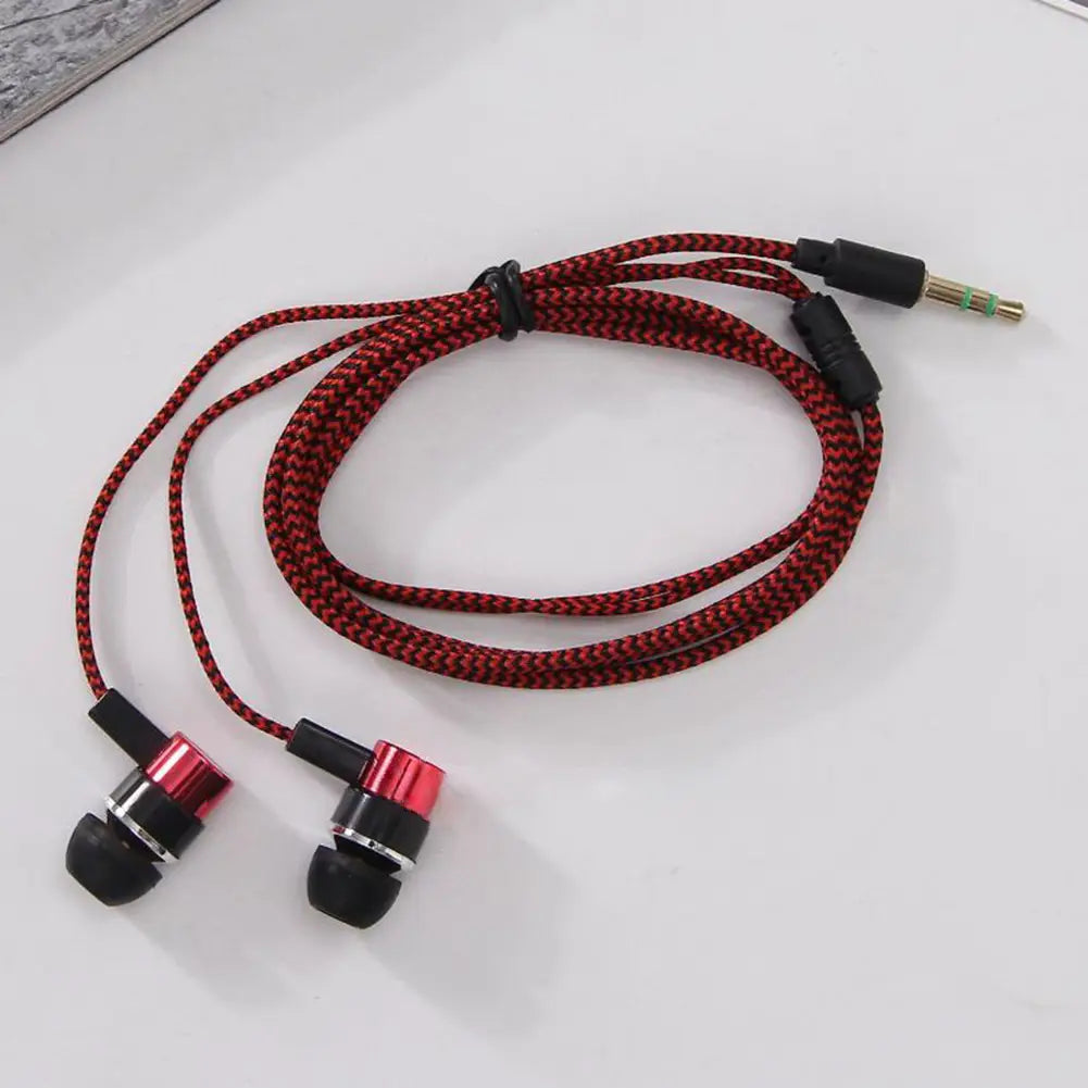 red and black braided in-ear wired headphones with metallic accents featuring bass stereo effect and volume control