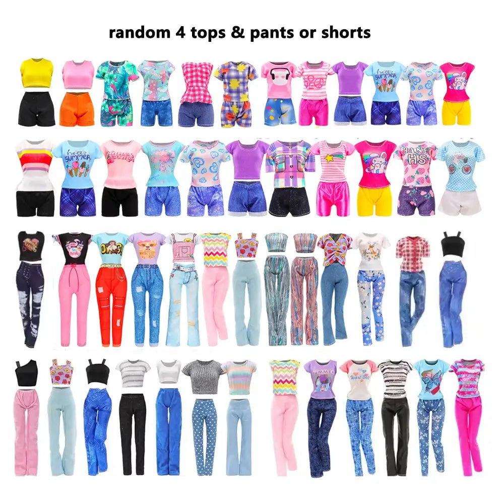 a vibrant collection of over 40 assorted colorful tops and pants or shorts for dolls featuring prints like stripes polka dots cartoon characters and denim patterns in bright hues included in a doll clothes and accessories set of 50 pcs