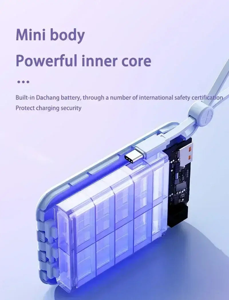 Transparent blue plastic power bank with visible internal battery cells and circuit board featuring a white usb-c charging port on the side designed for fast charging and super fast charging in the purple Power Bank 30000mah Fast Charging with Built-in Cables.