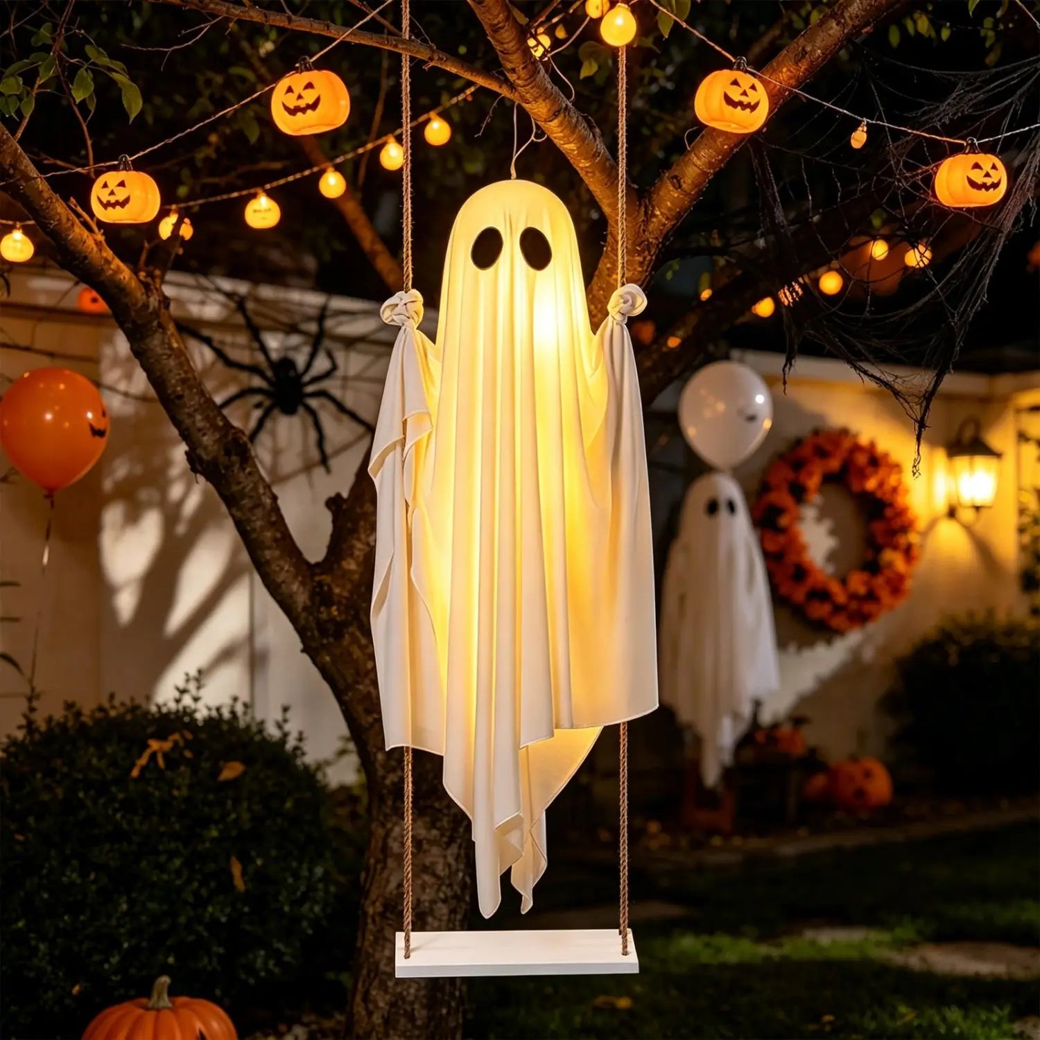 una decoración de fantasma colgante oscilante iluminada y blanca hecha de tela translúcida, colgada de la rama de un árbol e iluminada por luz amarilla cálida, para uso exterior en Halloween