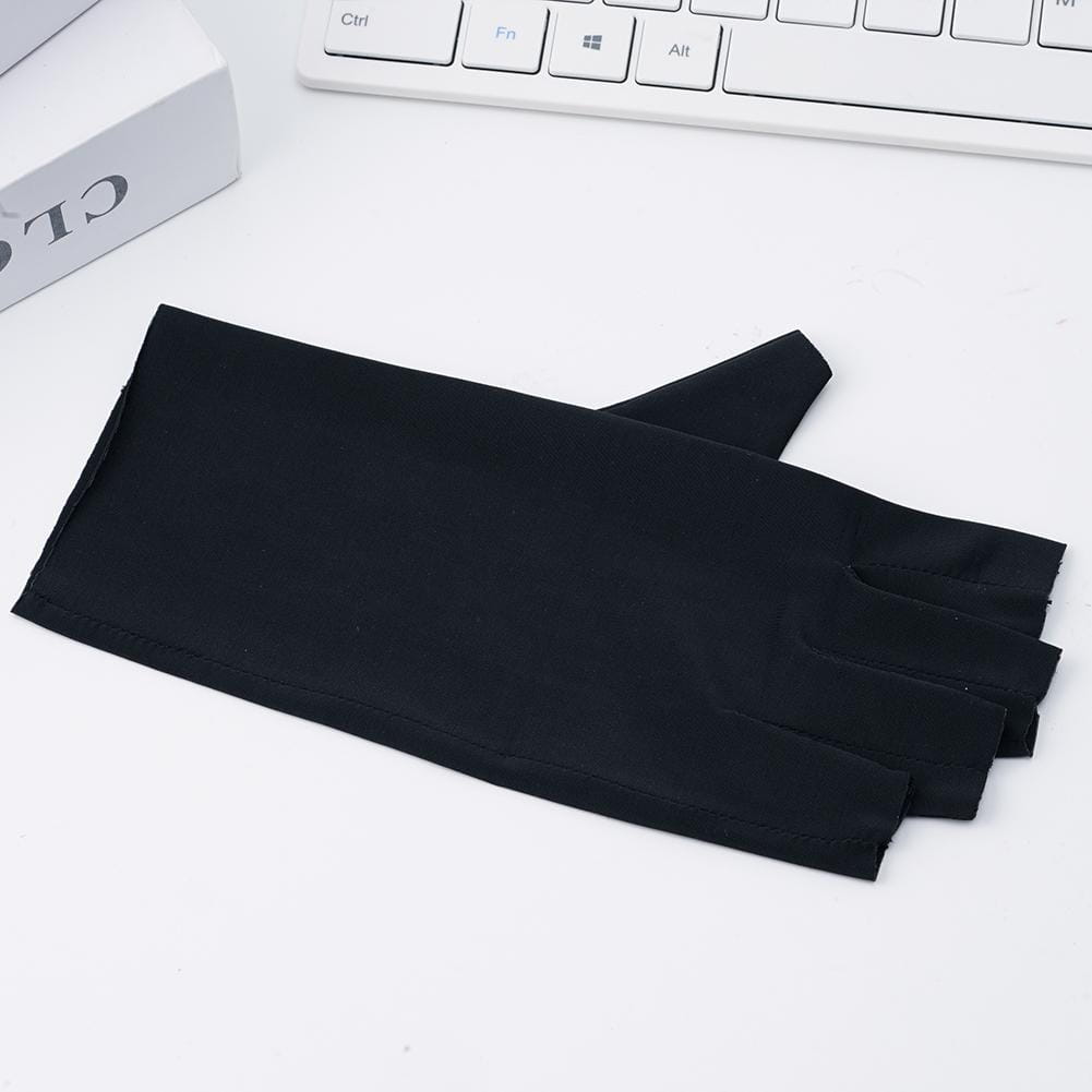 Black seamless fingerless glove made of stretchy fabric designed for UV protection in sunscreen driving gloves showing the back side.