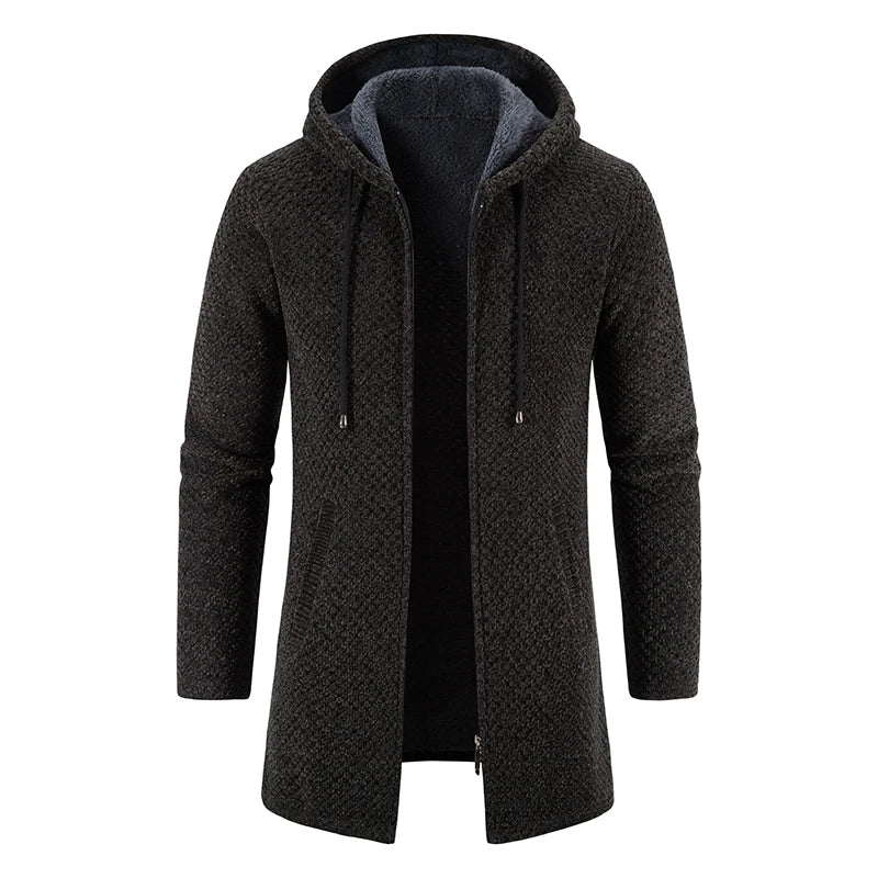 Men's Winter Trench Coat Long Knit Sweater Jacket Fleece Warm Hoodies Beige Business Casual Cardigan Zipper Jumper Overcoat