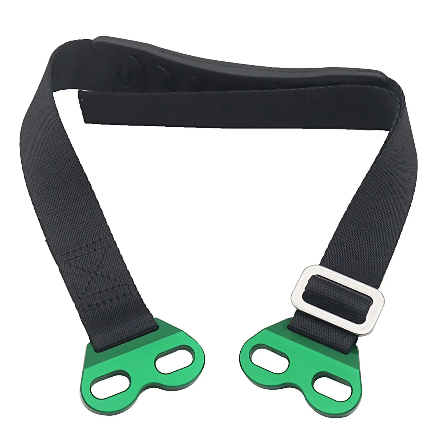 Grüner Aluminium-Montageriemen mit schwarzem Gurtband und silberner Schnalle für das Dirtbike-Abschleppgurt-Set Vorder- und Rückholriemen.
