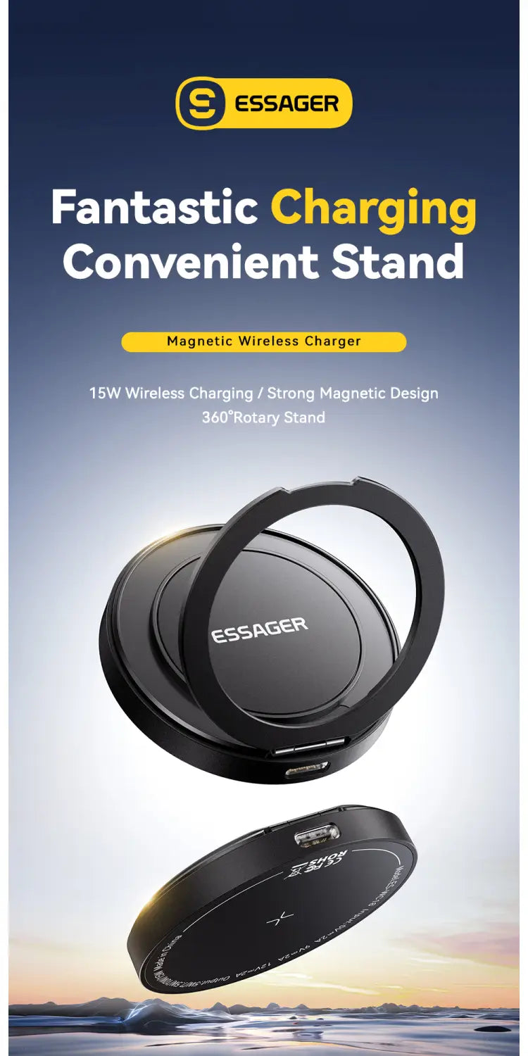 Essager magnetic 15w wireless charger stand in black featuring a circular design with 360° rotation and a usb-c port for convenient charging.