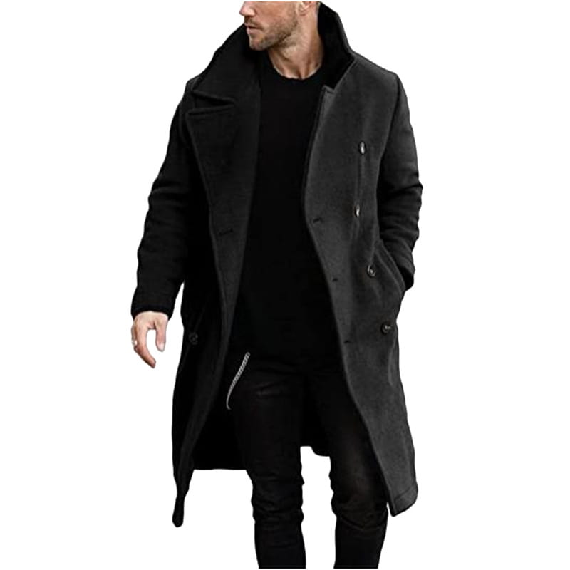 abrigo de invierno de doble botonadura para hombre en mezcla de lana en color negro, con cuello mullido y material de lana diseñado para el clima frío.