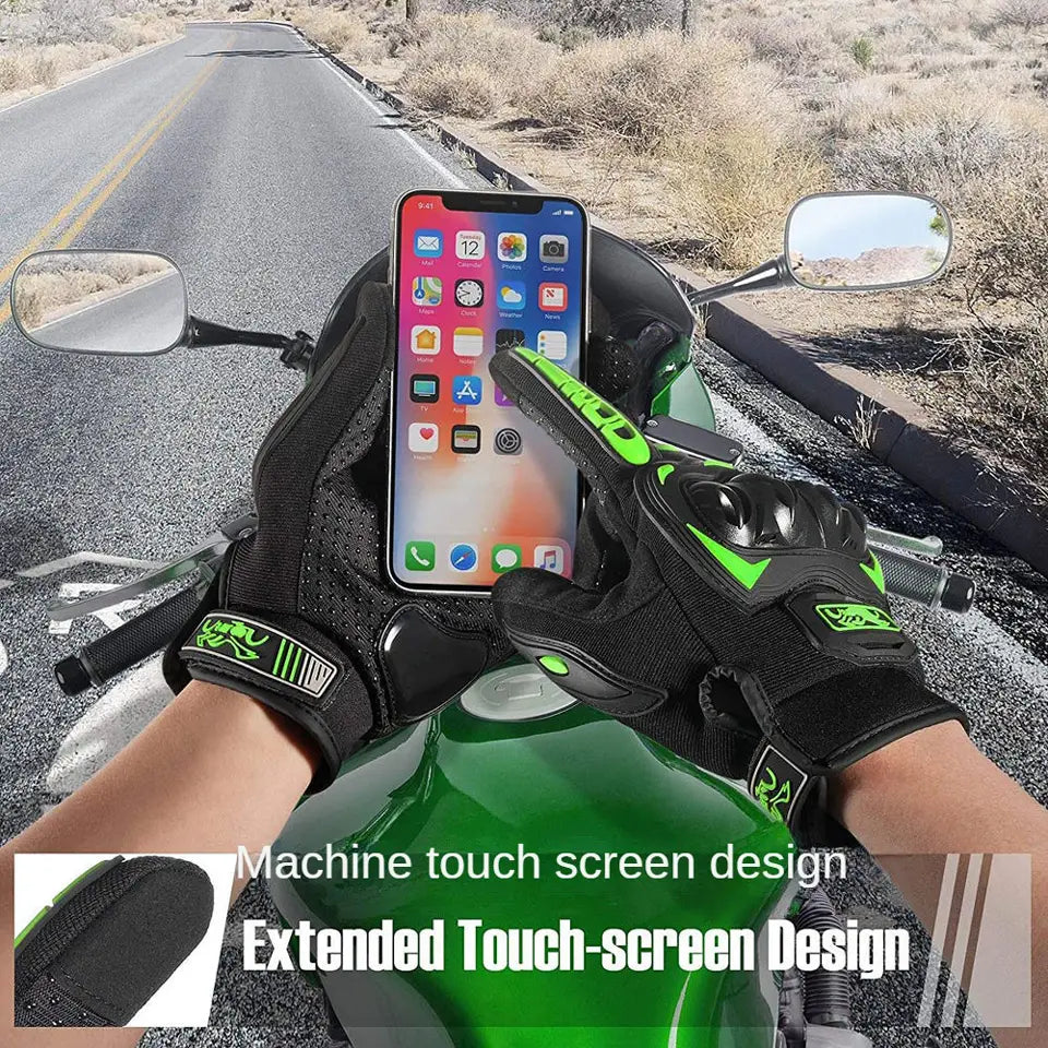 Black and neon green breathable motorcycle racing gloves with reinforced padding and machine touch screen design on the back side for protective gear.