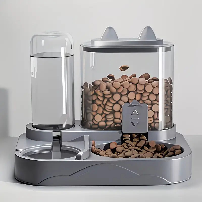 Silver cat-ear themed automatic pet feeder and water dispenser with transparent containers holding brown kibble and water designed for large pets.