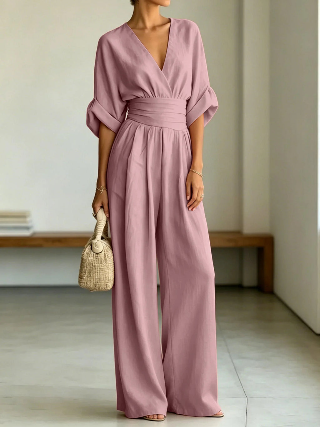Women V Neck Jumpsuit Batwing Short Sleeve Wide Leg Long Pants Romper Elastic Waist Pleated Casual Party Jumpsuit Multiple Color