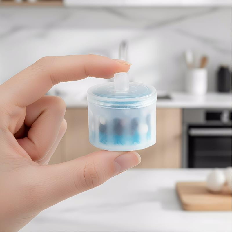 A translucent blue plastic cat water fountain filter container with a matching lid and a small white pump nozzle for drinking water filtration in a replacement 5 pack.