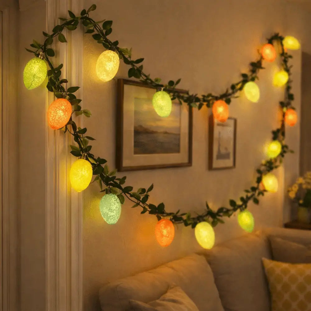 Guirnalda de ramitas con luz LED de huevo de Pascua con bombillas iluminadas en tonos cálidos de amarillo y naranja, envueltas en enredaderas verdes con hojas, con una longitud de 2 metros
