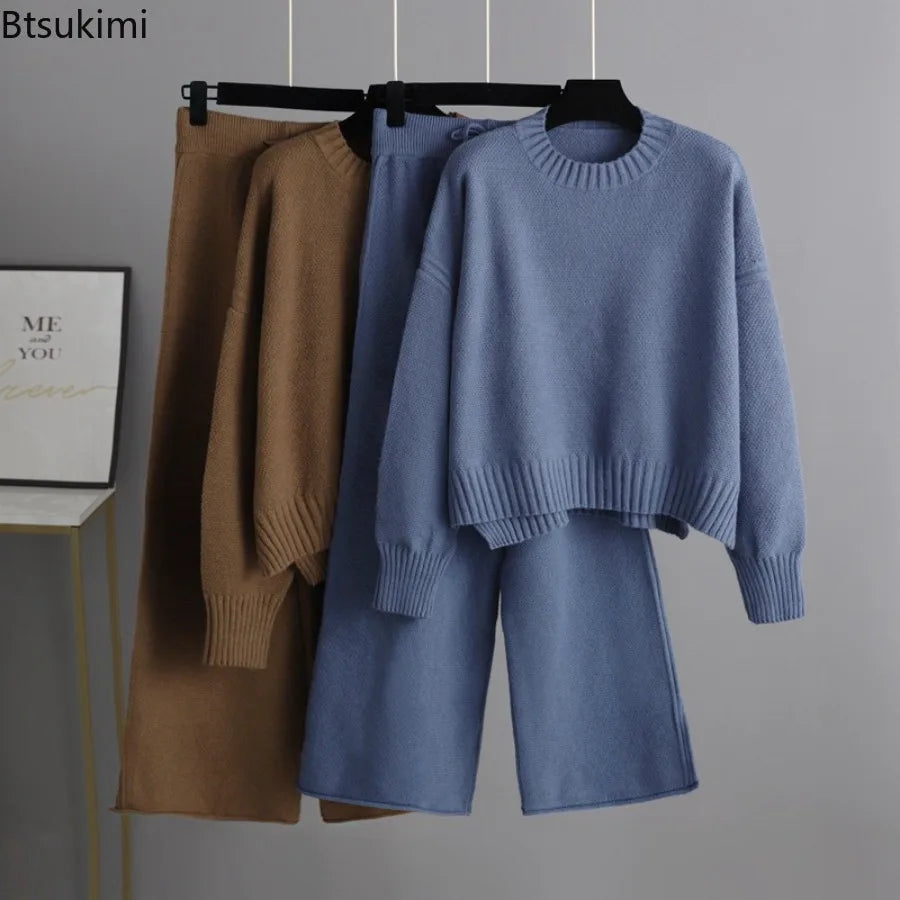 Winter Thick Knitted 2 Piece Sets Women Half Turtleneck Knitwears Sweater Loose Pullover Tops High Waist Wide-leg Pants Outfit